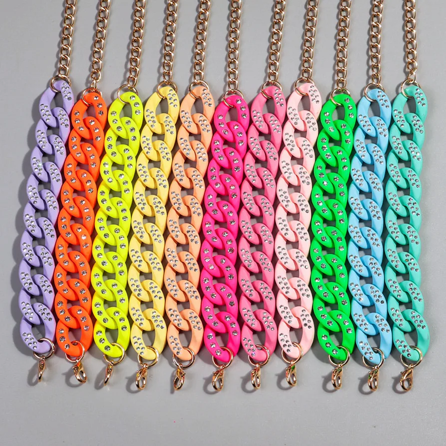 Trendy Multicolor Crystal Chains Thick Bracelets New Acrylic Link Chain Bracelet Bangles for Women Men Jewelry Gifts Accessory
