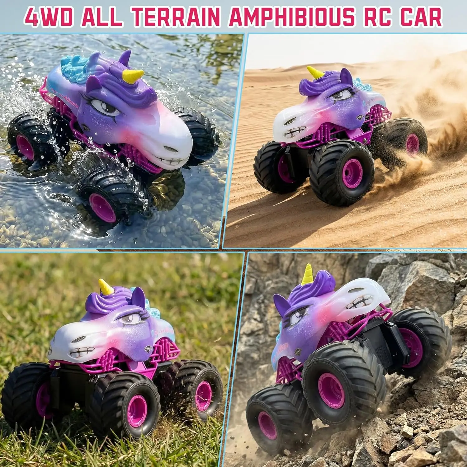 1:18 Amphibious RC Car for Girls - Off-Road Remote Control Truck with LED Lights, All-Terrain Monster Vehicle, 2.4GHz High Speed Crawler Hobby Toy, Includes 2 Batteries, Birthday Gift for Kids Ages 6-12