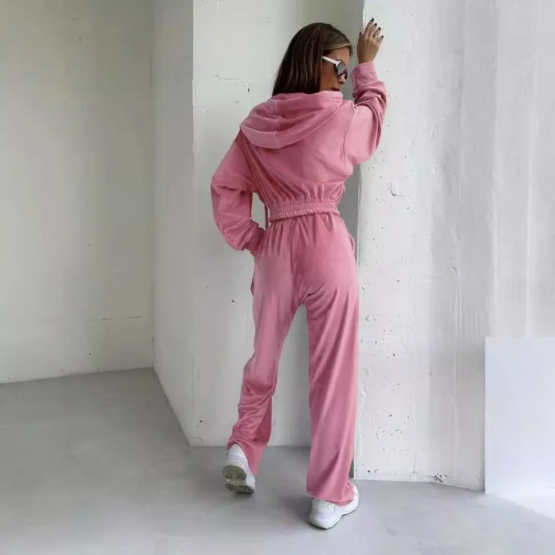 Velour Tracksuit Womens 2 Piece Sweatshirt Weatpants Set Full Zip Hoodie Sweatshirt with Pocket Causal Sportswear Autumn