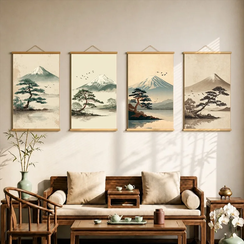 Japanese Ukiyo-e Landscape Canvas Wall Art Hanging Scroll Vintage Oriental Print with Wooden Rods for Living Room Decor