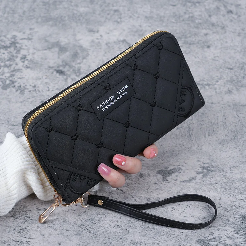 Spot 2024 novedad de verano bolso fresco y dulce bolso largo para mujer cartera bordada de cuero PU de color sólido