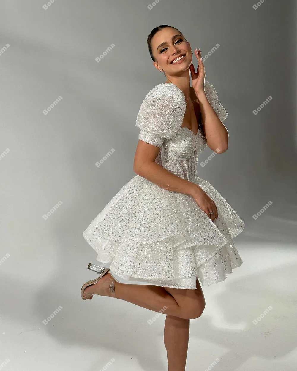 Booma-A Linha Branco Brilhante Mini Vestidos de Casamento com mangas destacáveis, Vestidos De Noiva, Espartilho Osso, Vestidos de Festa Noiva,