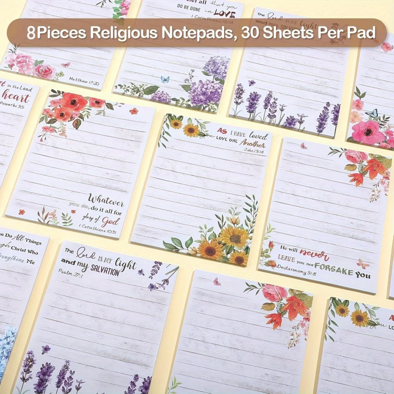 8 Pcs Inspirational Bible Verse Sticky Notes Floral Pattern, Christian Quote Notepad for Office, School and Shopping List