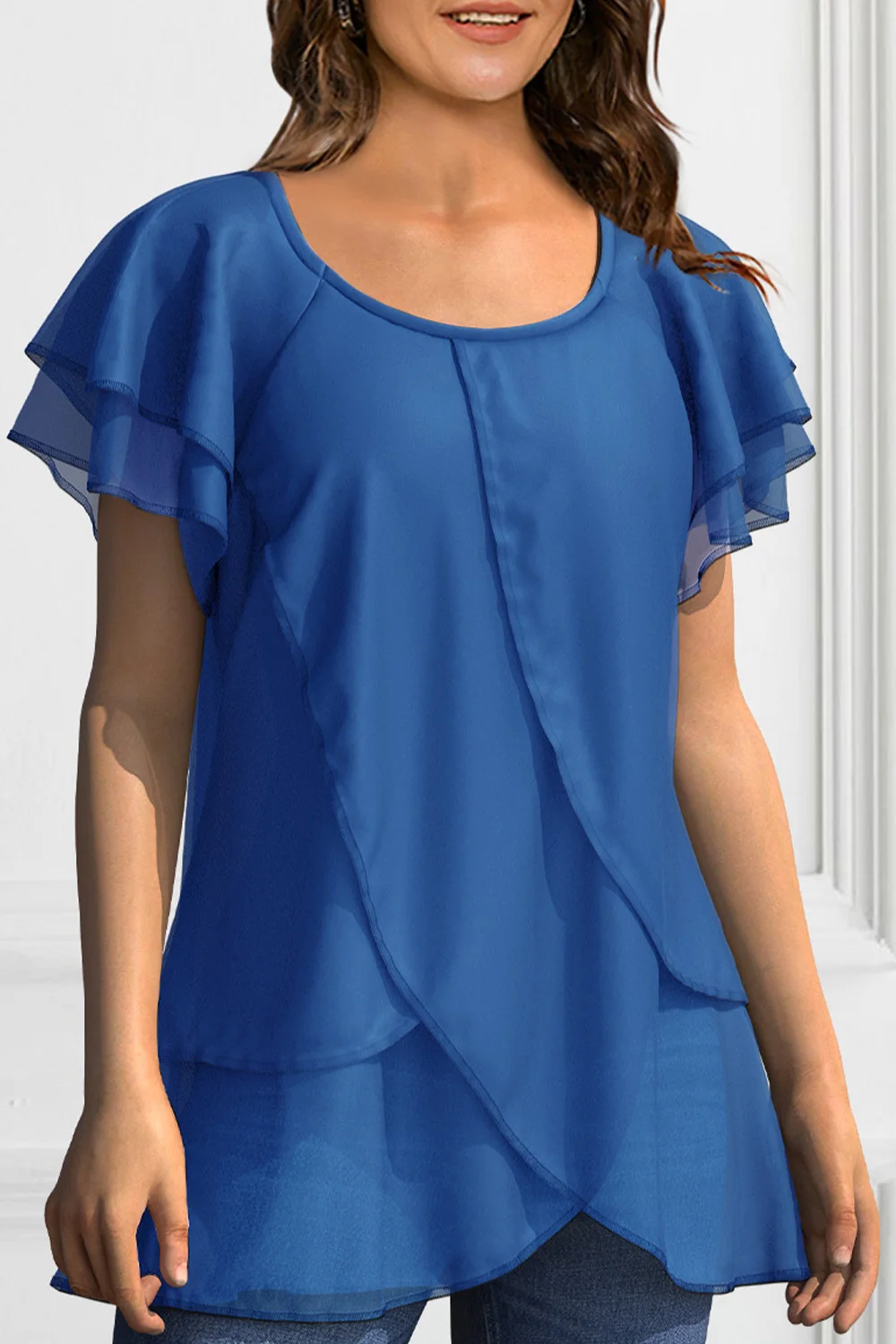 Women Plus Size Blouse Chiffon Short Sleeve Round Neck Elegant Irregular Hem Office Lady Summer Chiffon Blouse Tops image 5