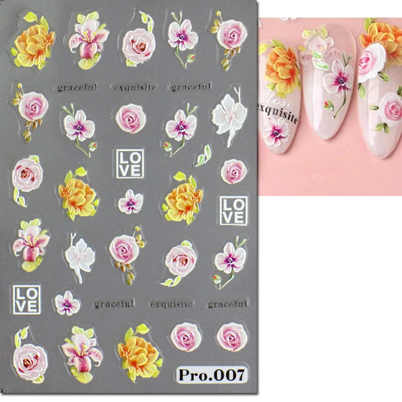 5d Emboss Nail Art Stickers Pink Purple Blooming Tulips Flowers Adhesive Sliders Nail Decals For Manicure Tips Accessories