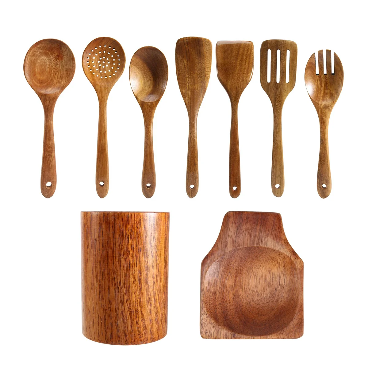 9 colheres de madeira dos pces para cozinhar, utensílios de madeira para cozinhar com suporte dos utensílios, conjunto de utensílios de cozinha de madeira de teca