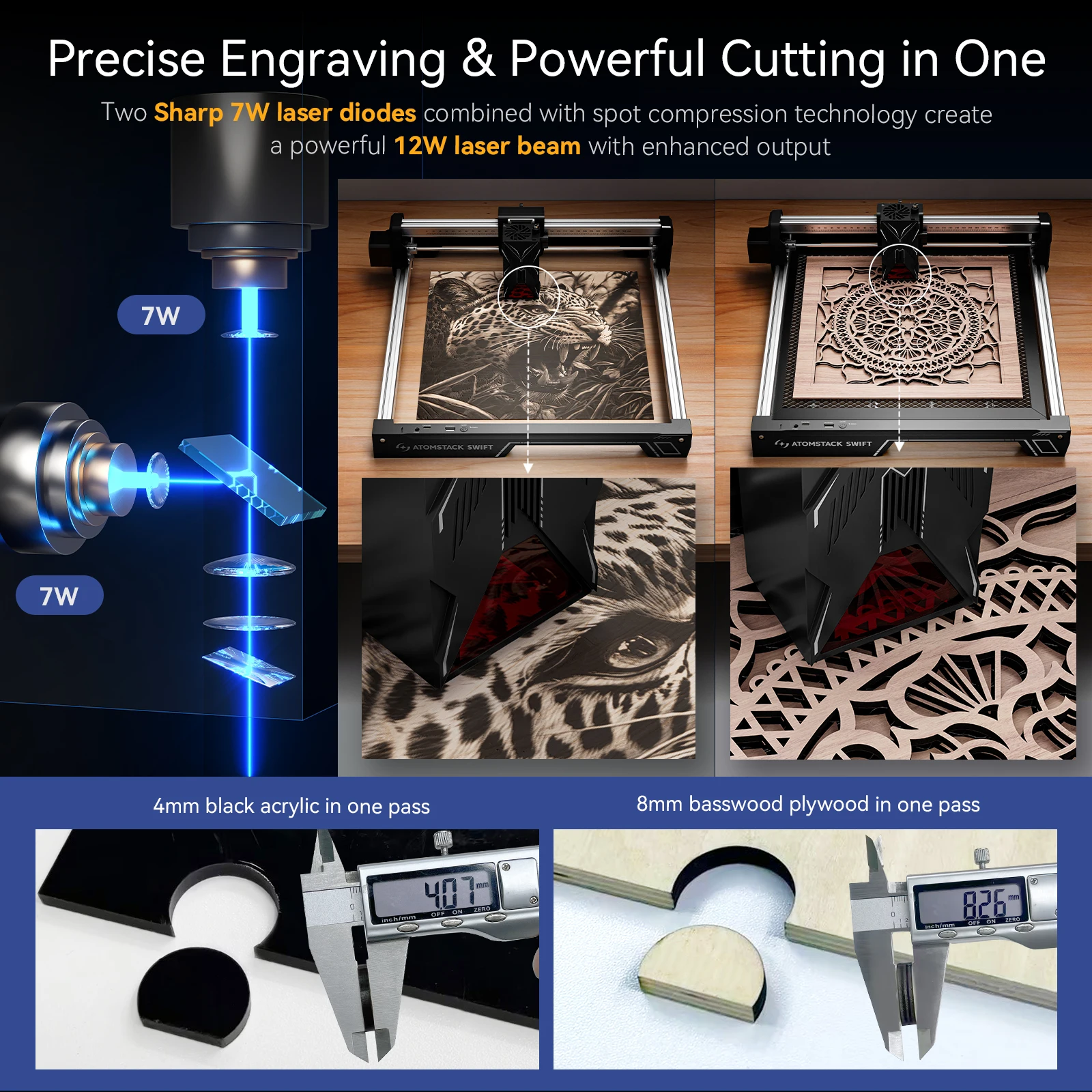 ATOMSTACK SWIFT 12W 7W Incisore laser portatile Diodo Taglio laser Incisione Tag per cani Macchina Incisione Logo Legno Metallo 300 × 300mm mr20