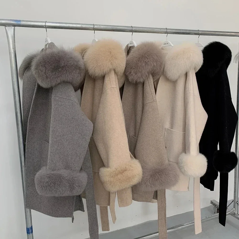 OFTBUY Omen Double Face Wool Coat Natural Fur Coat Wool Blend Jacket Winter Warm Elegant Long Sleeve Fur Cuffs Fashion Outerwear