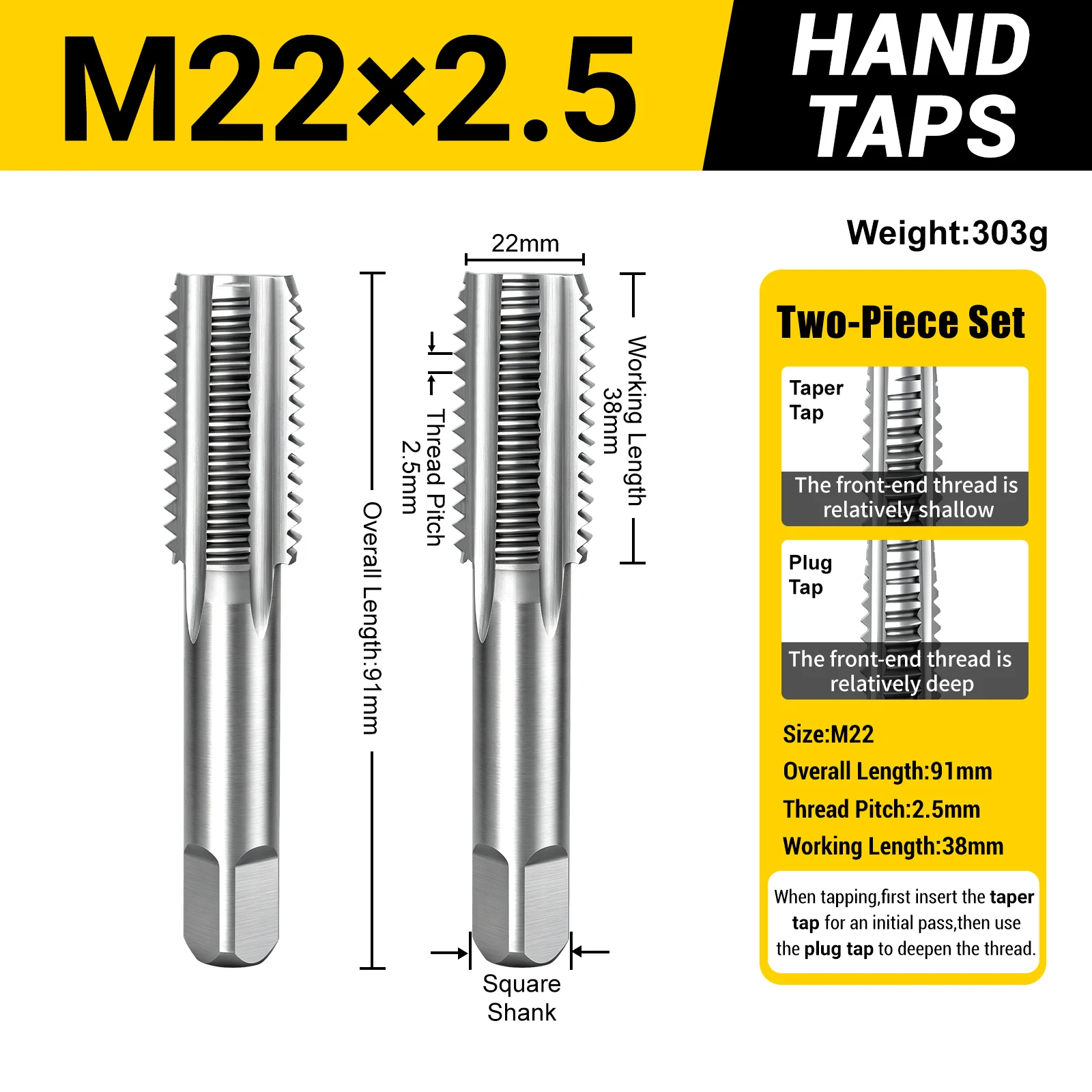 M3-M24 metrische handtaps, set van 2 stuks, conische plugtaps, HSS4241, taps met rechte snijgroef voor het maken van binnendraad in metaal, geschikt voor gelegeerd staal.