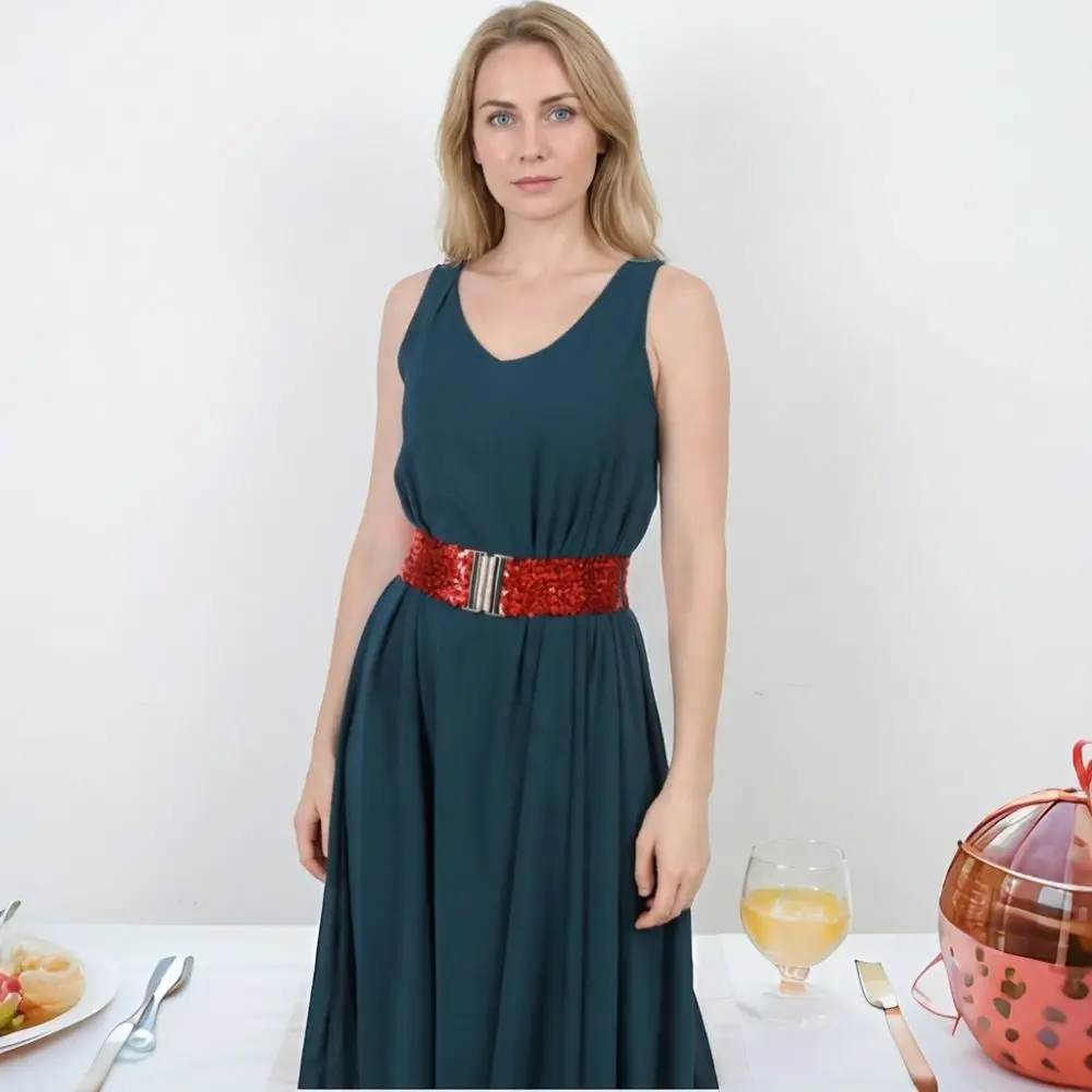 60cm Elastic Sequin Stretch Belt Gold Buckle Disc Eye Catching Shinny Waistband Versatile Professional Women's Belt Dresses