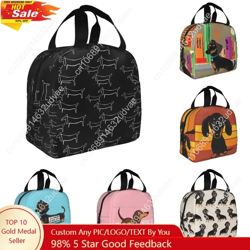 Dachshund Sausage Dogs Pink Flowers Print Reusable Insulated Lunch Bag Cooler Tote Box Container with Front Pocket for Woman Man