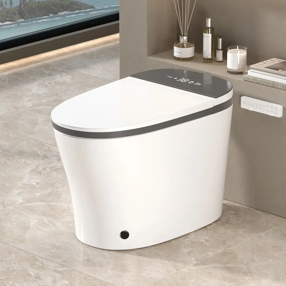 Smart Toilet with Bidet Built in, ADA One-Piece Toilet Auto Open/Close & Flush, Heated Seat, Front & Rear Wash, LED Display, Night Light, 12-inch Rough-in ,White with Grey trim