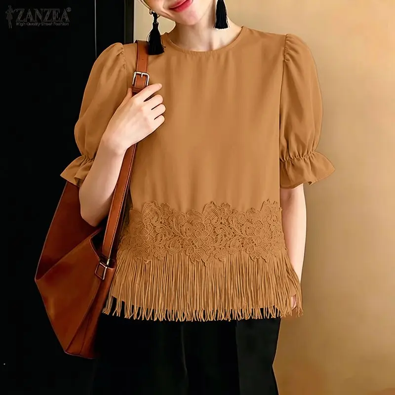 ZANZEA Elegant Office Work Tops Women Blouse Tassel Short Puff Sleeve Ruffle Blusas 2026 Summer Round Neck Tunics Loose Pullover