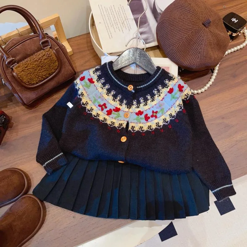 Winter Kid Girl Jacquard Sweater Suit Contrast Knit Cardigan For Girls Solid Little Girl Pleated Skirt Outfit Children Girl 2PCS