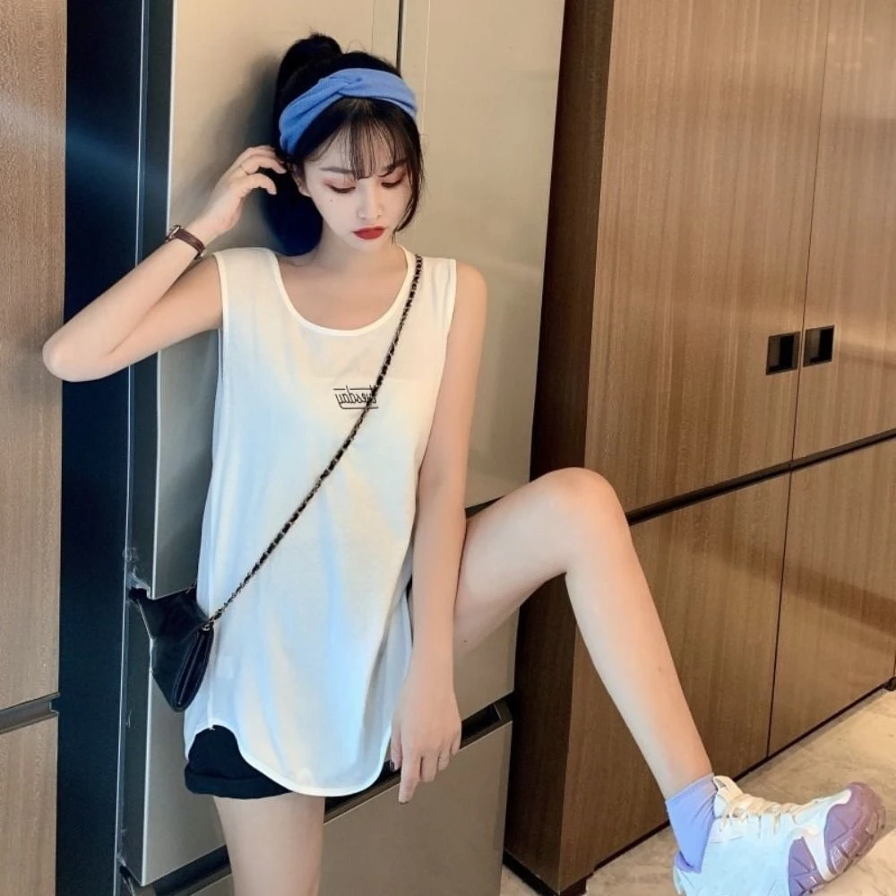 

Удобная свободная футболка без рукавов, большой размер, жилет с изогнутым подолом, женская летняя одежда, тонкая повседневная майка, летняя