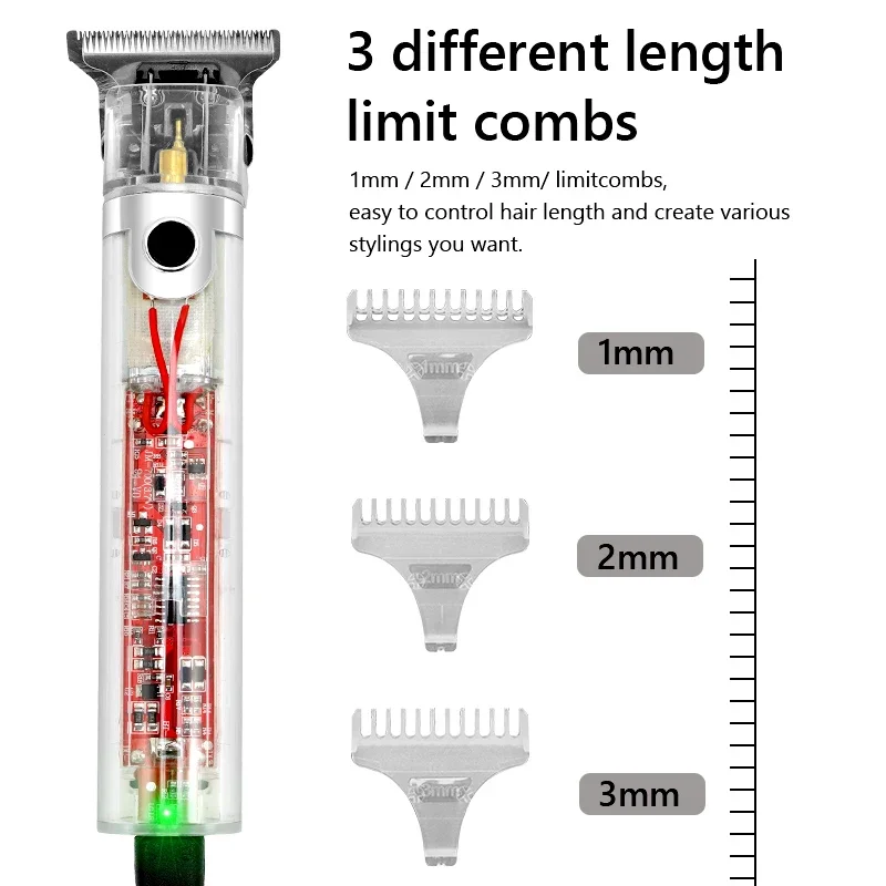 Novo corpo transparente máquina de cortar cabelo elétrica dos homens profissional usb recarregável 0mm máquina corte cabelo