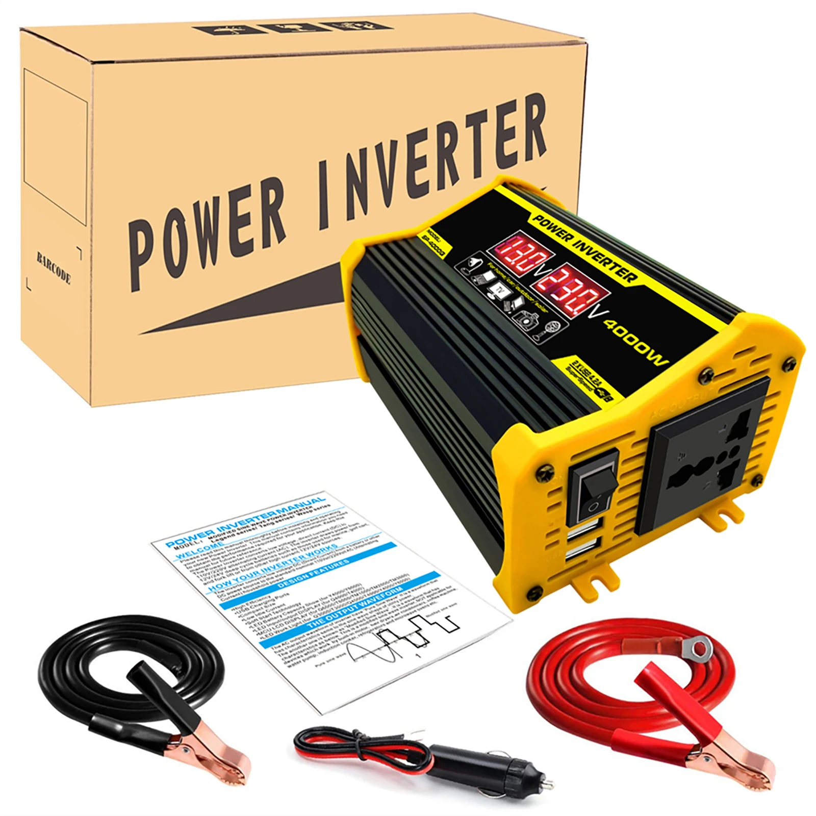 Modified Sine Wave Power Inverter 12V to 110V 220V 4000W Universal Outdoor Electronic Charging Converter with 2 USB Fast Charge