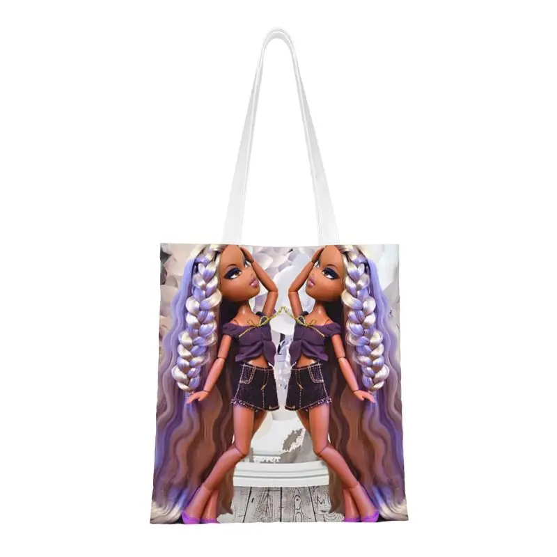 Purple Braid Bratz Groceries Tote Shopping Bag Women Funny Animated Movies For Children Canvas Shoulder Shopper Bag Handbag