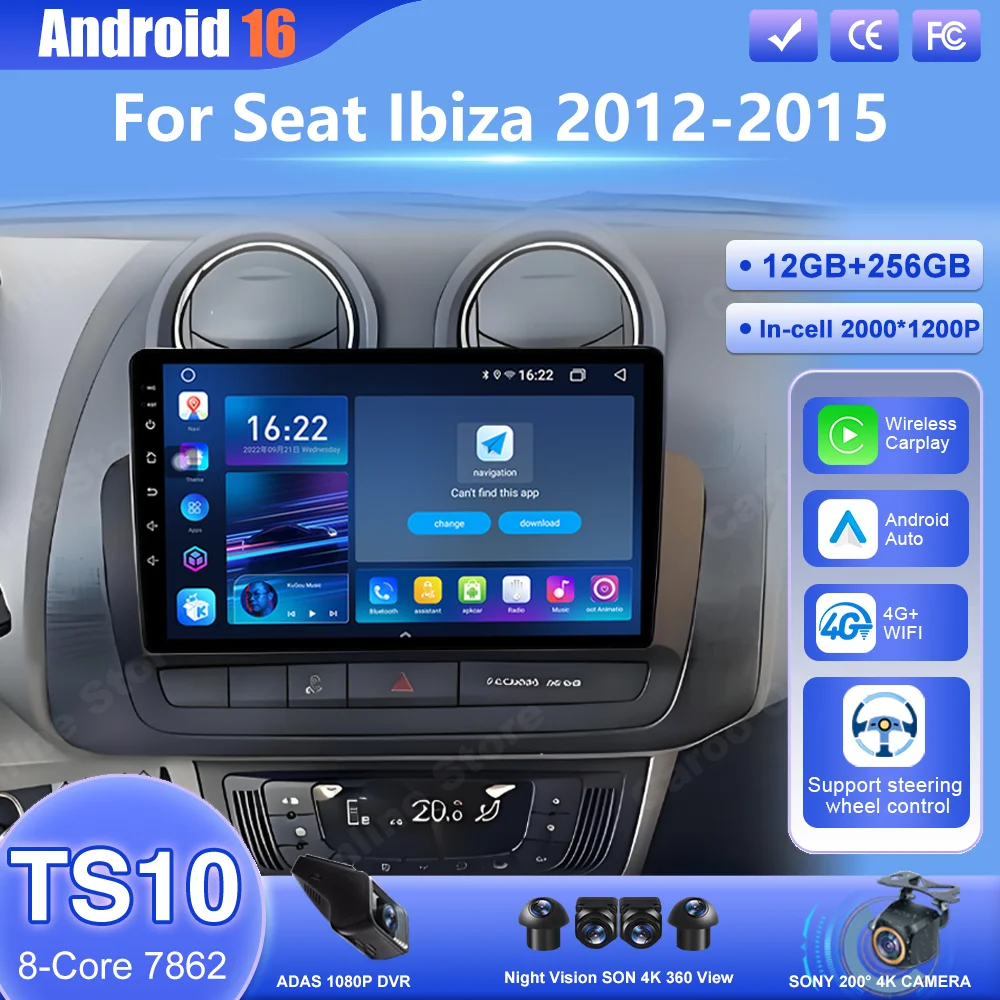 Android 16 12+256 Touch Screen For Seat Ibiza 2012-2015 Android Auto Radio Car Multimedia Video Player 5G WIFI GPS Navigation 4G