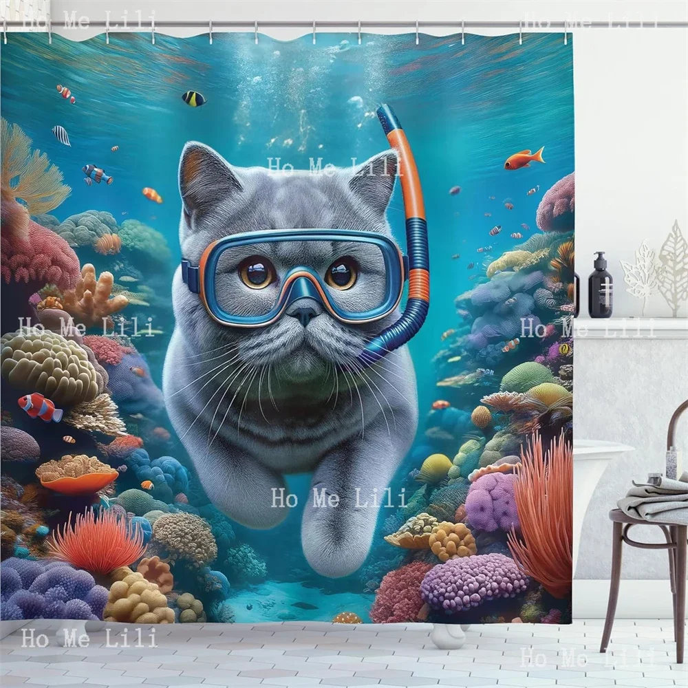 Funny Surreal Image Of A Grey Cat Diving In The Deep Ocean Colorful Reef Nautical Shower Curtain Bathroom Decor With Hooks