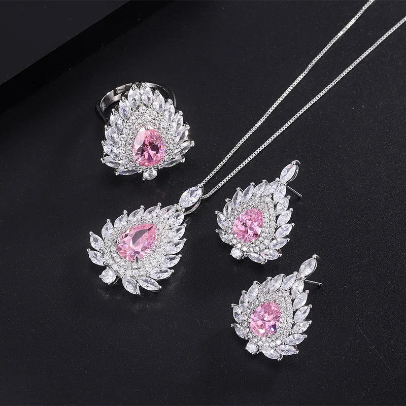 

S925 Silver Needle European and American Fashion Jewelry Accessories Set High-end Pink Diamond Earrings Ring Pendant Wholesale f