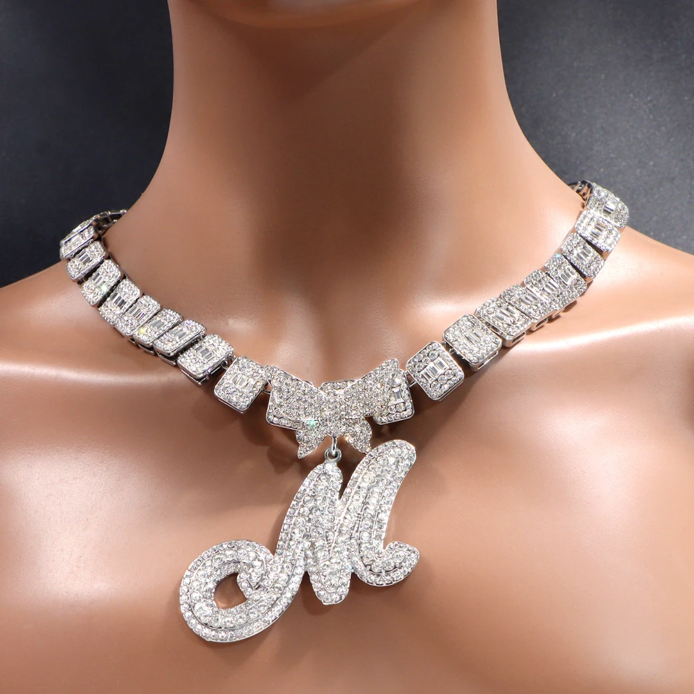 2023 Silver Color Prong Miami Cuban Chain Necklace Punk Crystal Butterfly Cursive Letter Cuban Necklace Hip Hop Jewelry Gifts