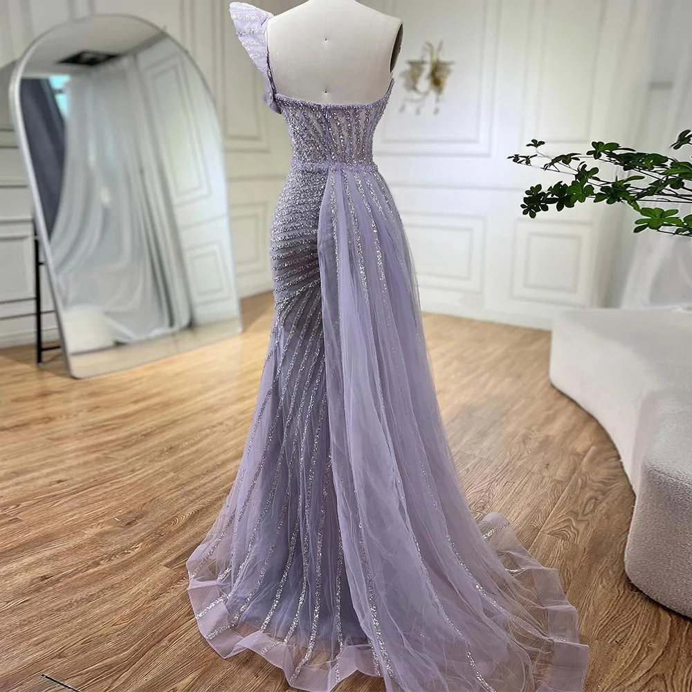 Customized Sparkly and High Quality Sequined and Crystal One Shoulder Evening Dress Purple Tulle Strapless Backless Prom Gowns