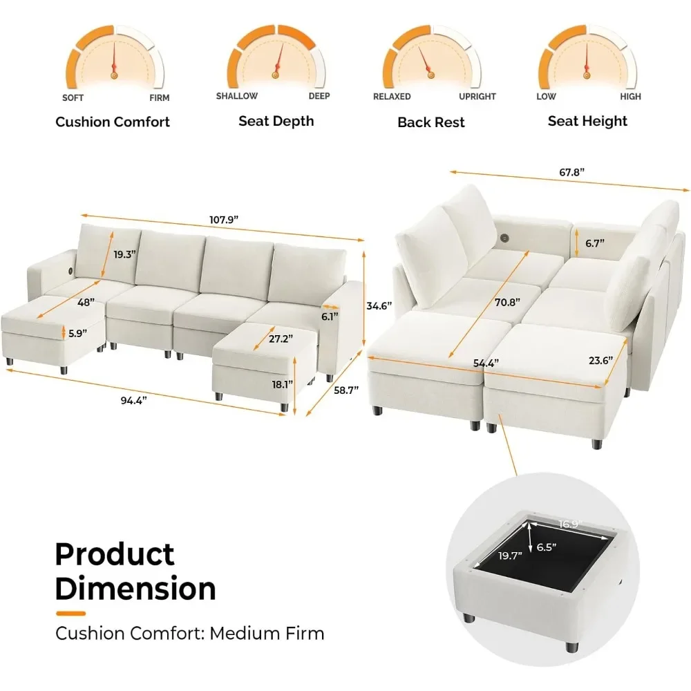 U-Shaped Sofa Sleeper Storage Modular Sectional in USB Built-in Charger with High-Resilience Foam, Convertible Couch Bed