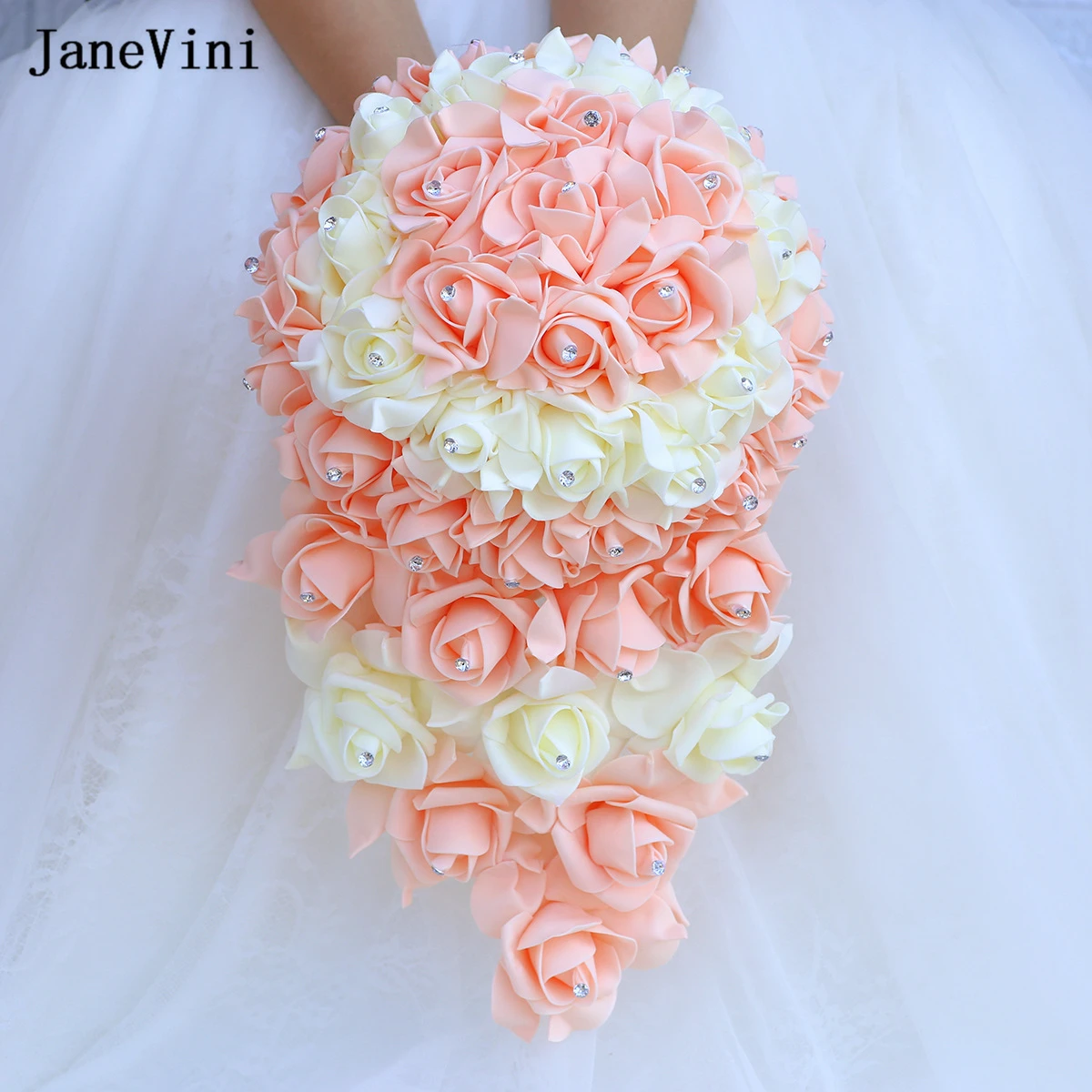 JaneVini Hot Sale White Waterfall Bridal Bouquets Crystal Artificial Foam Roses Flowers Cascading Bouquet Accessories for Bride