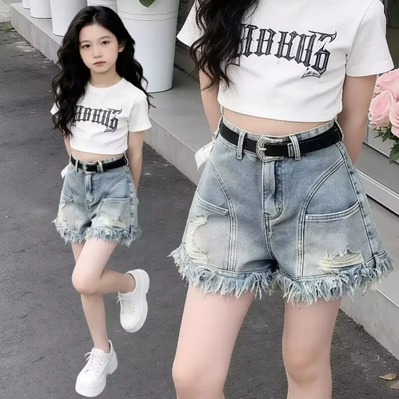 Girls Ripped Denim Shorts 2026 New Summer Kids Middle Big Kids Super Stylish Summer Thin Fashion Hot Pants