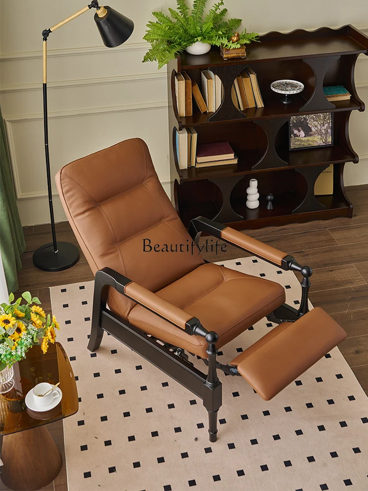 Solid wood office chair multi-functional first layer cowhide recliner folding lunch break