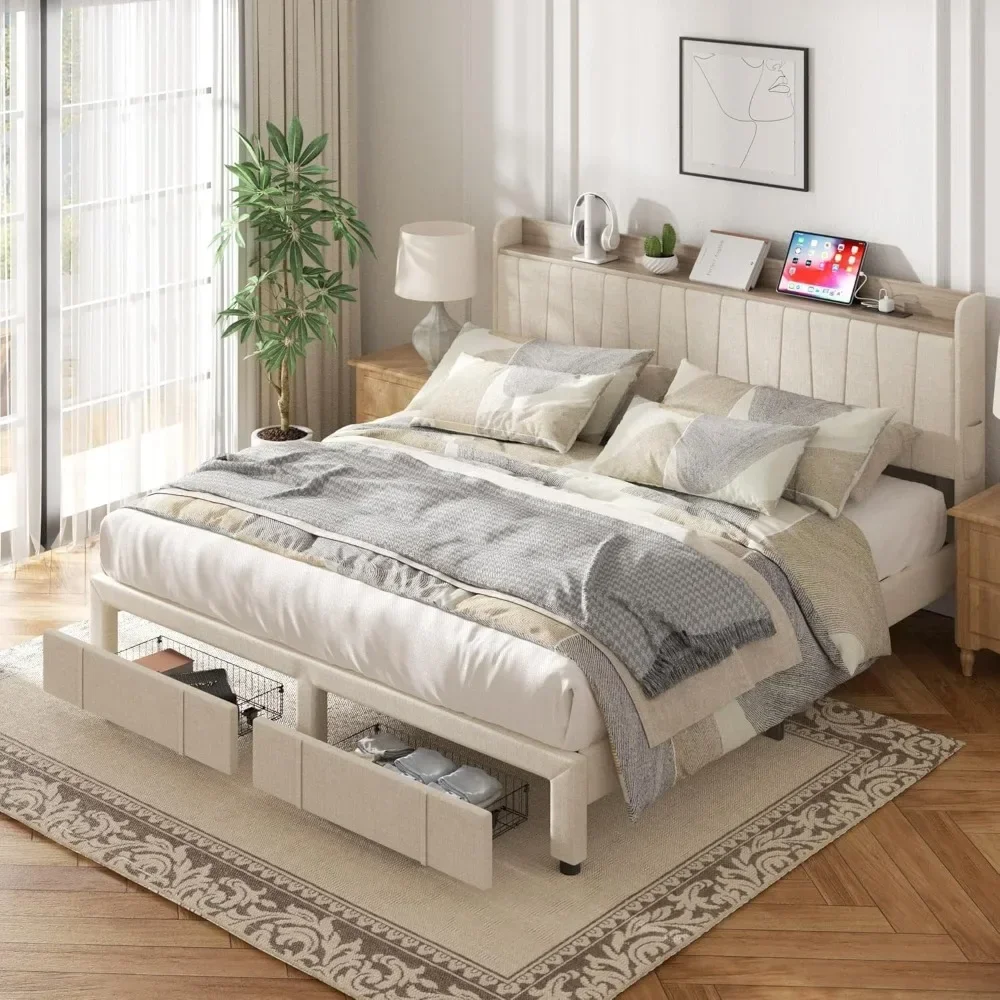 

Bed Frame,Upholstered Platform Bed with Storage Drawers No Box Spring Needed Headboard and Charging Station bedstead