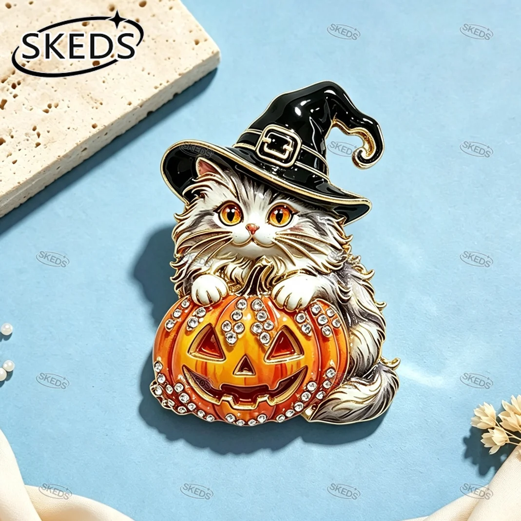 SKEDS Halloween-Broschen Totenkopf Geist Hexe Kürbis Anstecknadel Kristall-Strass Damen Anzug Kleidung Deko Feiertagsschmuck Geschenk – Detail 6