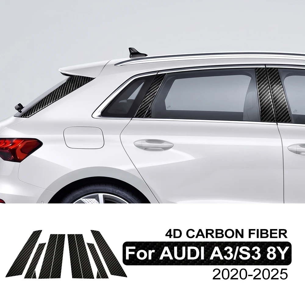 Для Audi A3/S3 8Y 2020-2025: Защитная пленка из 4D карбона (черная) для B/C-стойки автомобиля, предварительно вырезанная, антицарапийная наклейка для защиты оконных колонн