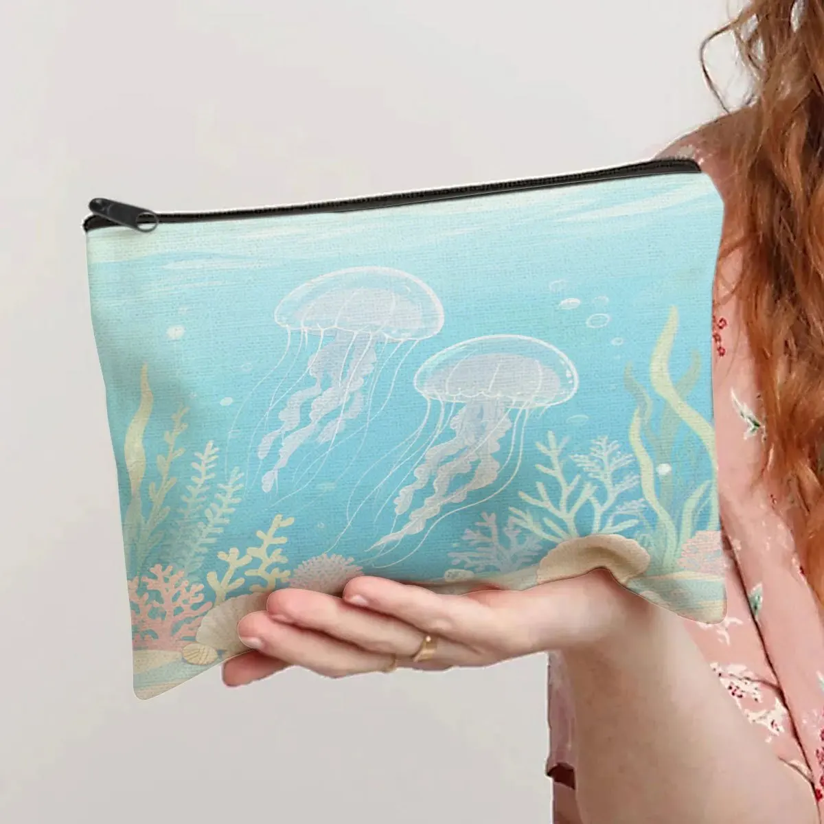 1 Piece Light Blue Jellyfish Makeup Bag - Multifunctional Zipper Pouch for Women, Perfect Travel Zipper Storage Bag, Fun Birthday Gift