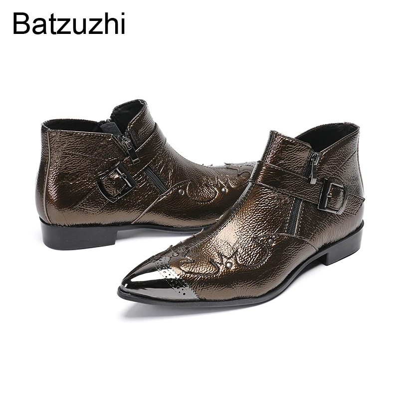 

Batzuzhi Brand New Handmade Men's Shoes Pointed Iron Toe Brown/Black Leather Ankle Boots for Man Zip Formal Business/Party Boot