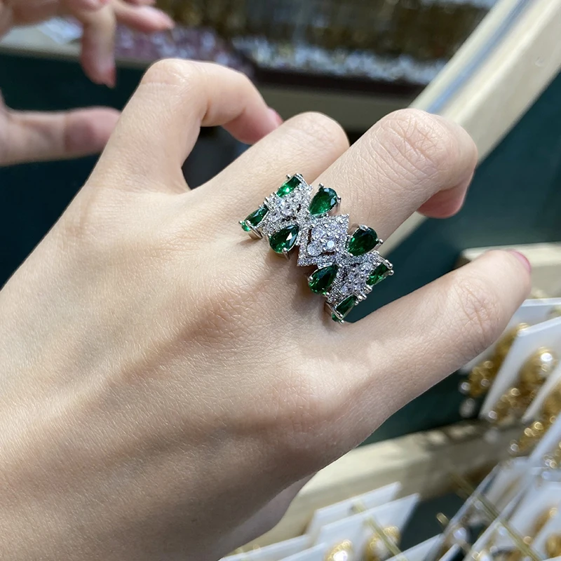 

shiny green white zirconia ring for women jewelry vintage trendy opening ring