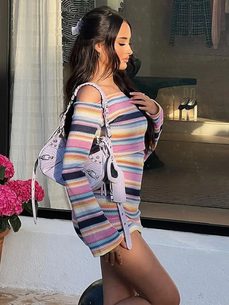 Sexy Clashing Stripes Long Sleeve Strapless Dress for Women, Slash Neck, Mini Y2k Aesthetic Clothing, Silm Short Dress