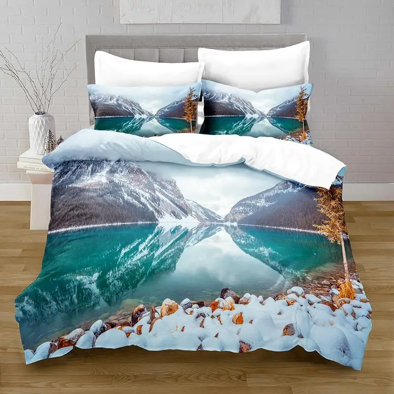 

Lake Duvet Cover Set Lake Mountain Peak Stone Pattern Quilt Cover For Teens Adults Natural Scenery Theme Microfiber Bedding Set