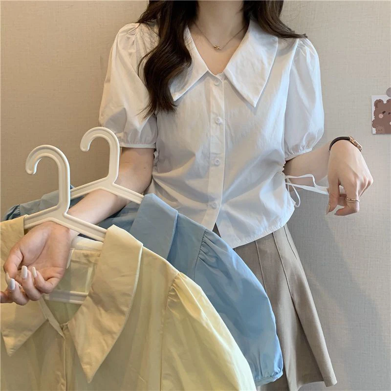 Gidyq Y2K Women White Shirts Summer Fashion Lace Up Shirring Female Short Sleeve Tops All Match Cropped Puff Sleeve Blouse