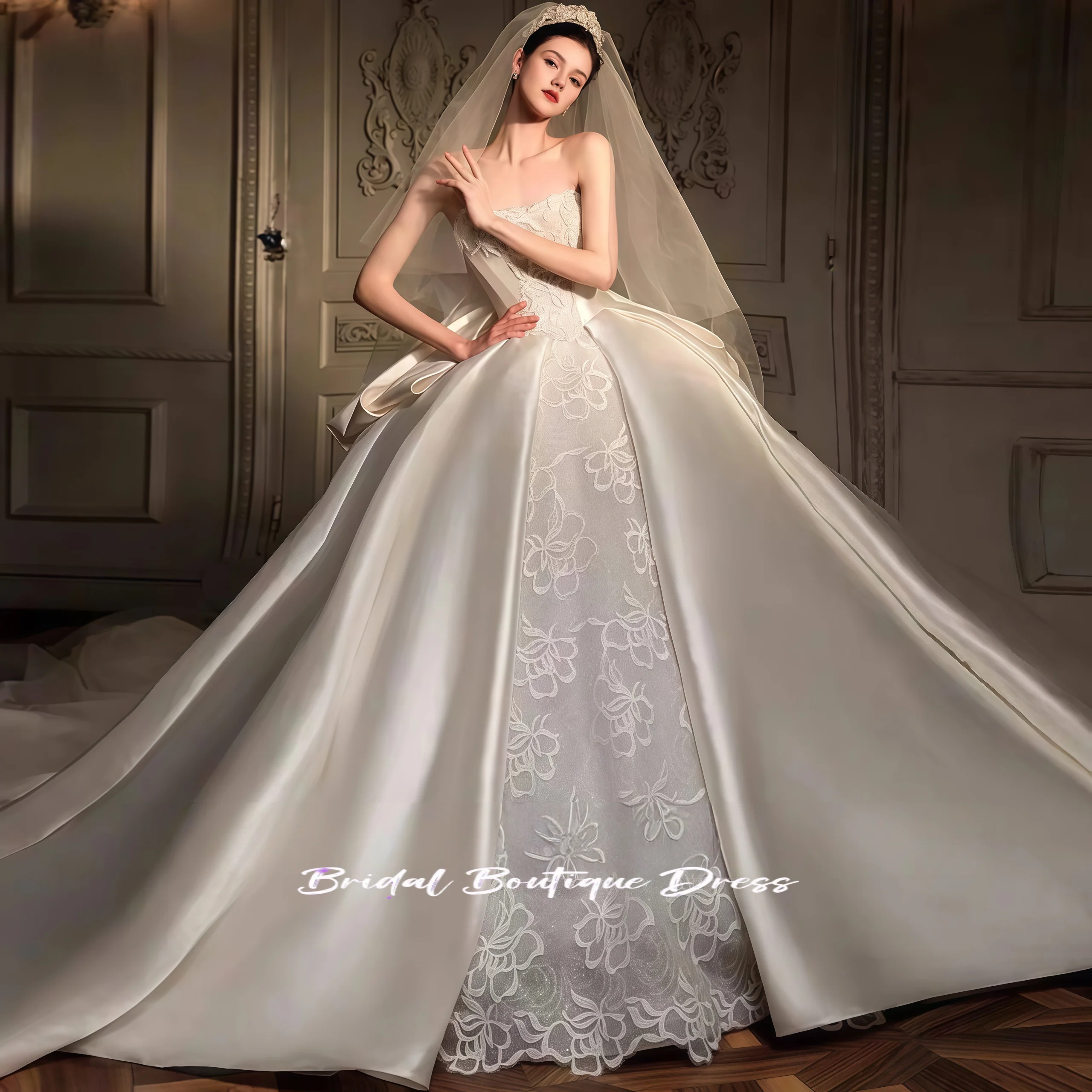 Customized Luxury  Sweetheart Neck Satin Wedding Dresses with Big Bow Exquisite  Beading Appliquess Bride Dress Vestidos De Novi