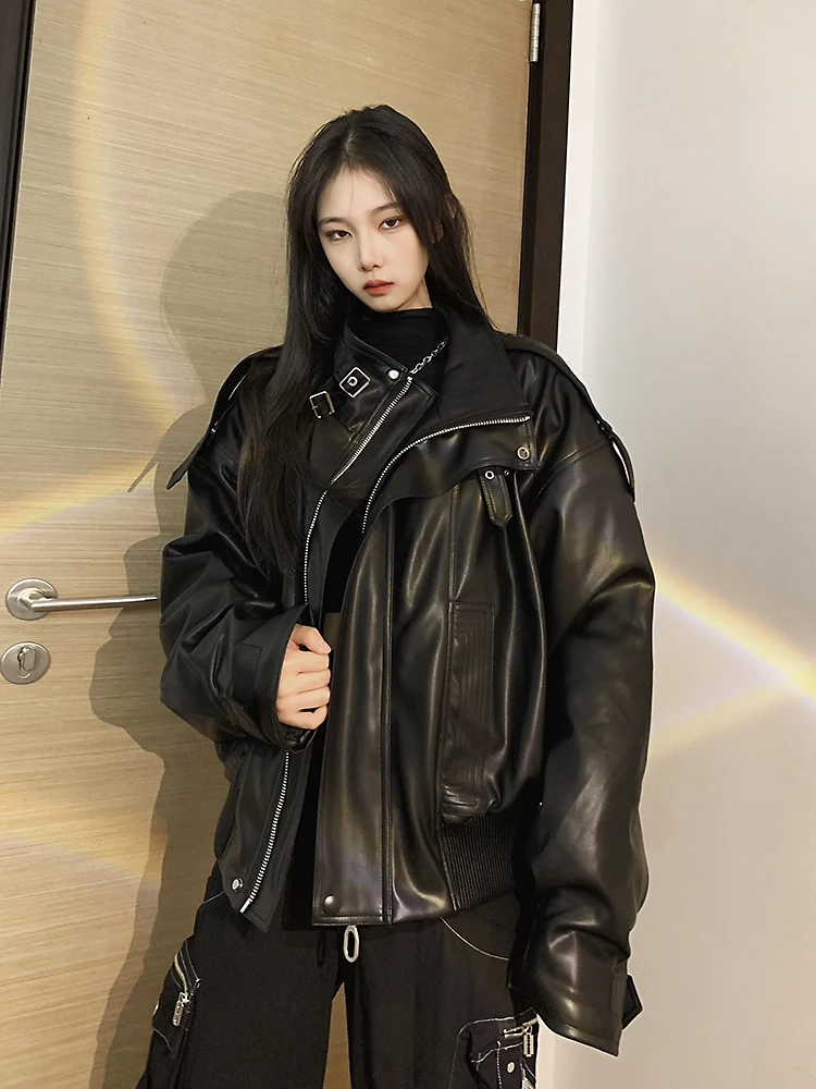 Big Biu Studio Damen Retro Amerikanische Motorradjacke Coole Haome Neutrale Sportjacke für Herbst Winter PU-Leder