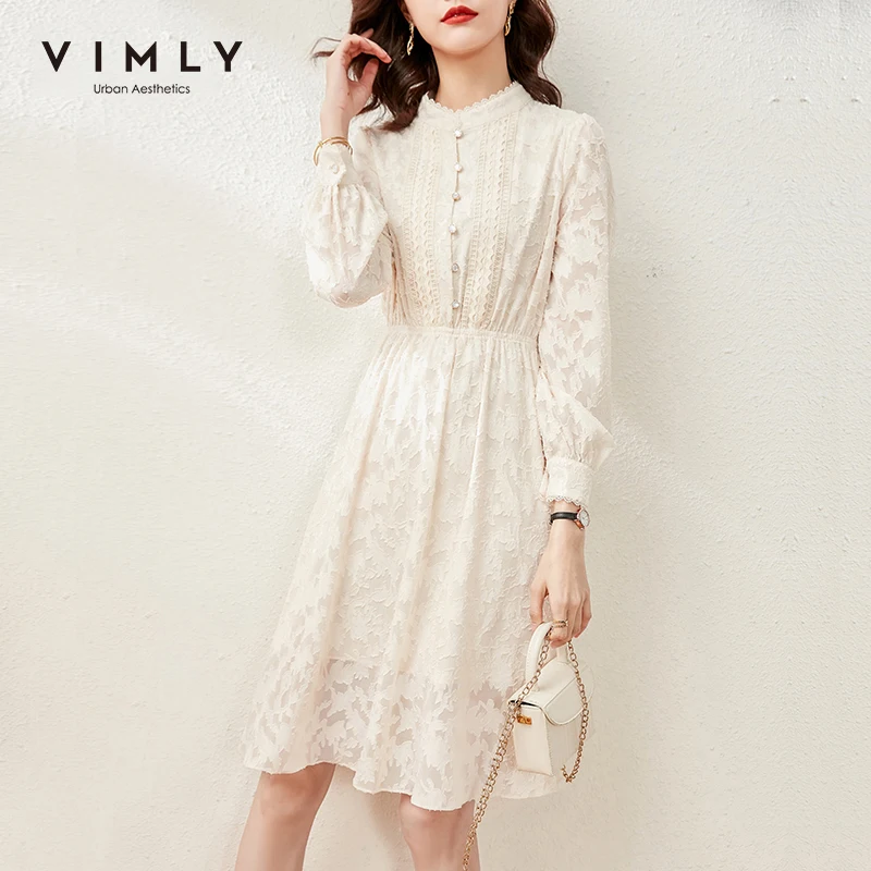 

VIMLY Elegant Party Lace Dresses for Women Spring Autumn Office Lady Long Sleeve Elastic High Waist Dress Female Vestidos F6790