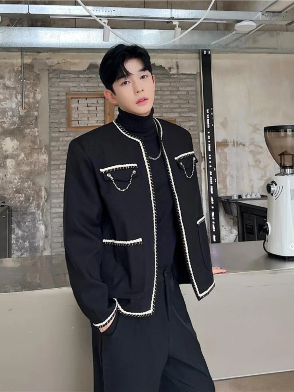 

Faionable Casual Small Fraance Sle Jaet Men's Korean Version Personalized Weave Design Unique Collarl Jaet