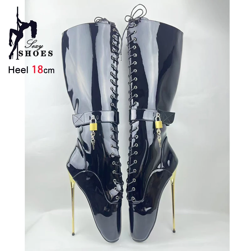 

Fetish Gothic Shoes For Women Sexy 18cm Extreme high heels Lock Wrap Strap Leather Mid-calf Boots Black Ballet boots With Lock