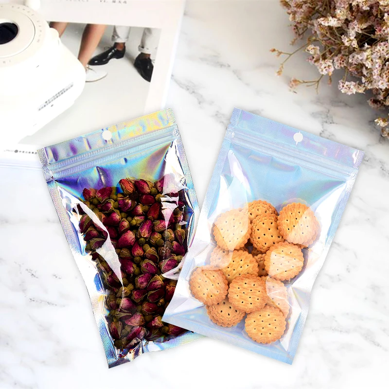 20pcs 8 Sizes Laser packaging bag Flat Bath Salt Cosmetic Bag One Side Clear Holographic Mini Aluminum Foil Zip Lock Bags Thick