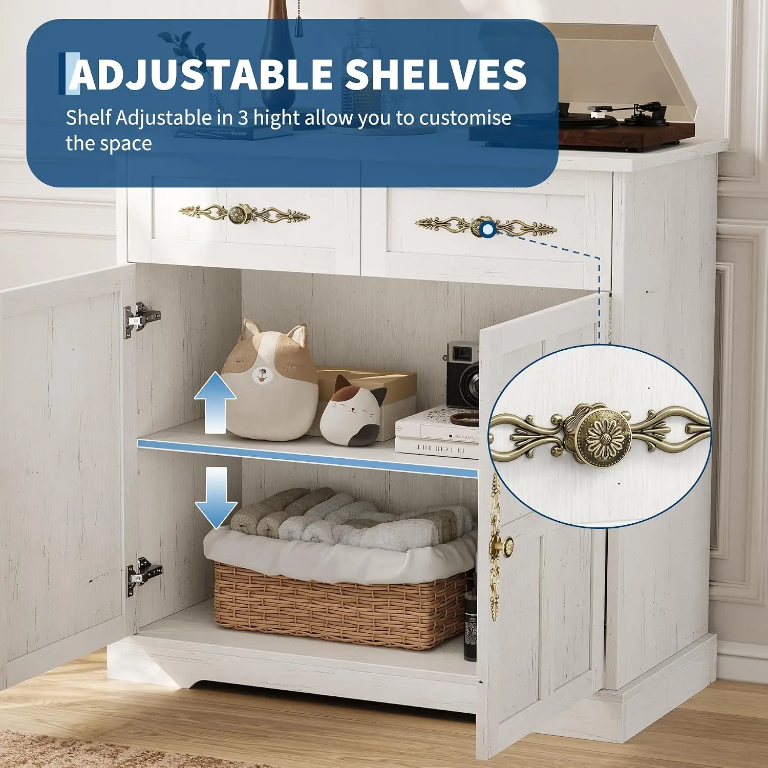 33.5" W Farmhouse Buffet Cabinet with Storage, Kitchen Cabinet,White