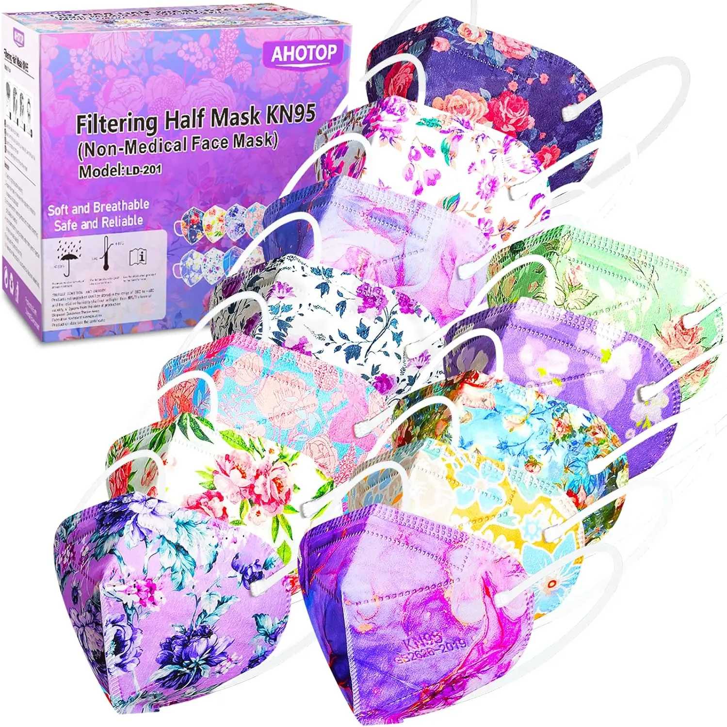 

60 Pack KN95 Face Masks, Individually Wrapped, 5-Layer Colorful Floral Design for Adults