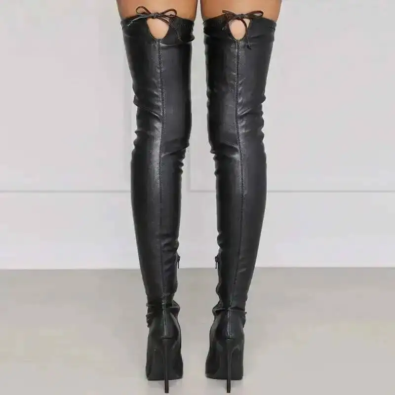 حذاء بكعب ستيليتو أسود للركبة حذاء نسائي ناعم من البولي يوريثان فوق الركبة مع سحاب جانبي #2