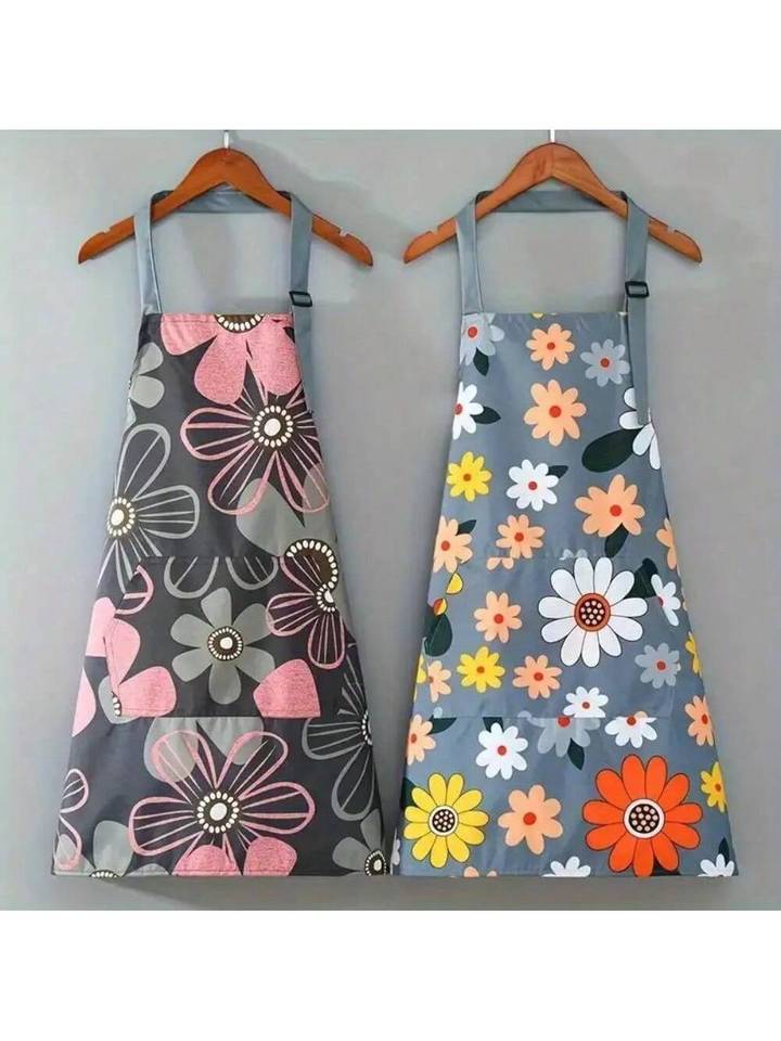  1pc Oil-proof And Waterproof Floral Print Apron, Floral Print Apron For Gardening & Cooking, Adjustable Blue Waterproof Easy 